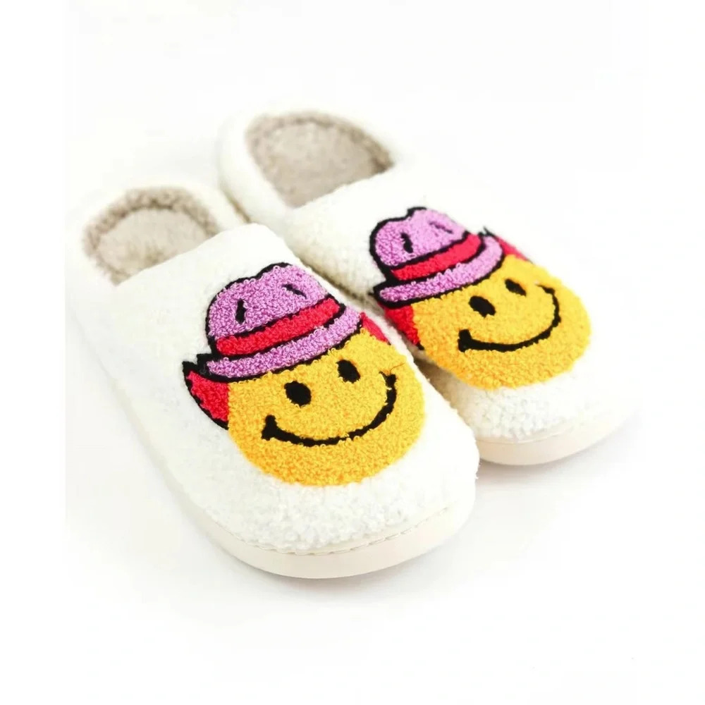 Fuzzy Slippers - White with Smiley Face wearing a Cowboy Hat - Size 9.5-10.5